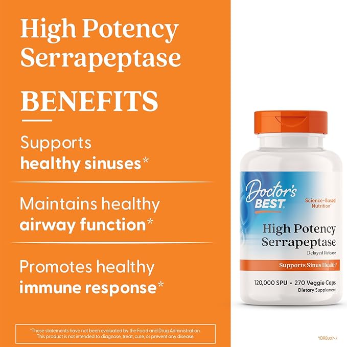 Doctor's Best Serrapeptase Supplement for Men &amp Women - Proteolytic Enzyme for Sinus &amp Immune Health Support 120000 SPU per Veggie Capsule High Potency Formula Non-GMO Vegan - 270 Veg Cap