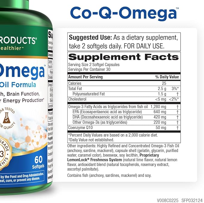 Purity Products Co-Q-Omega from Coq 10 + Omega-3 Fish Oil Formula Combination - LemonLock Freshness System - Supports Normal Cardiovascular Arterial Health &amp Beautiful Healthy Skin - 60 Soft Gels