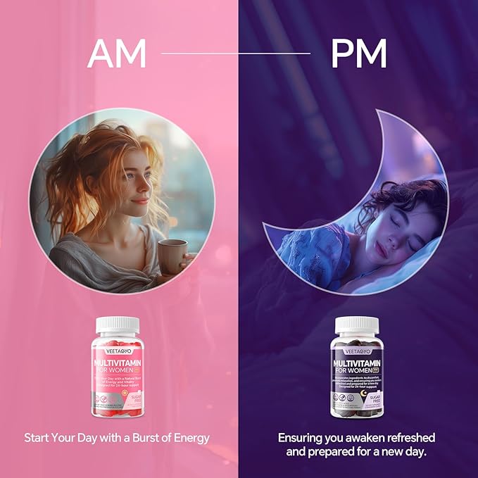 Multivitamin for Women AM &amp PM - Melatonin Free with w/Algae CalciumOmega-3Vitamin D3K2Magnesium for Energy &amp RelaxationRestSkinHair Support - Sugar Free 24-Hour Support Vegan120 Coun