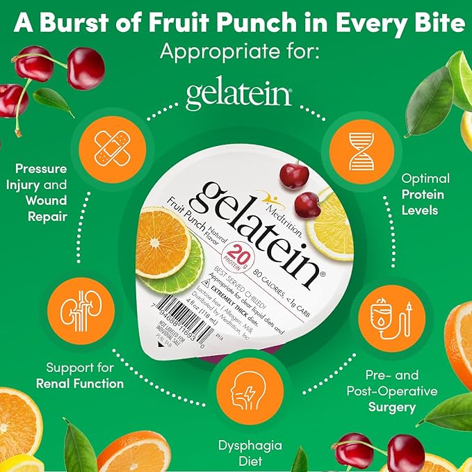 Gelatein Fruit Punch: 20 grams of protein. Sugar free. Ideal for clear liquid diets swallowing difficulties bariatric dialysis and oncology. Great pre or post-workout snack. (36 pack)
