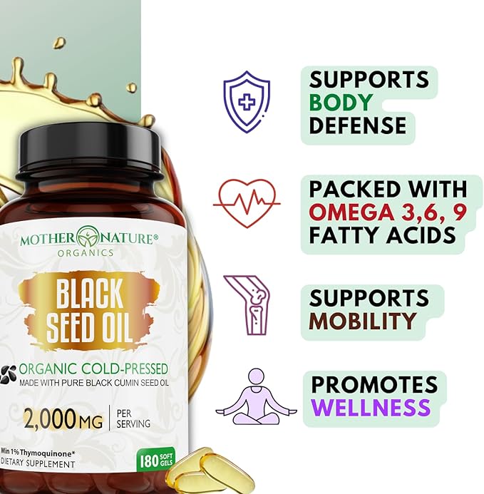 Black Seed Oil Capsules 2000mg Per Serving Organic Cold Pressed Black Cumin High TQ Immune &amp Joint Support 180 Count (3 Month Supply)