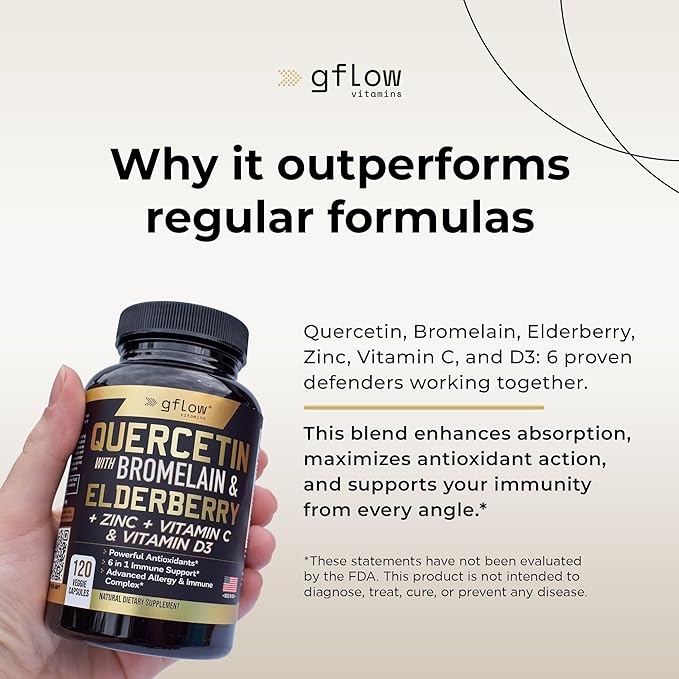 gflow vitamins Quercetin with Bromelain Zinc Vitamin C Vitamin D Elderberry - 120 Veggie Capsules Non-GMO Gluten-Free | Immune Support Supplement | Made in USA | 2 Months Supply