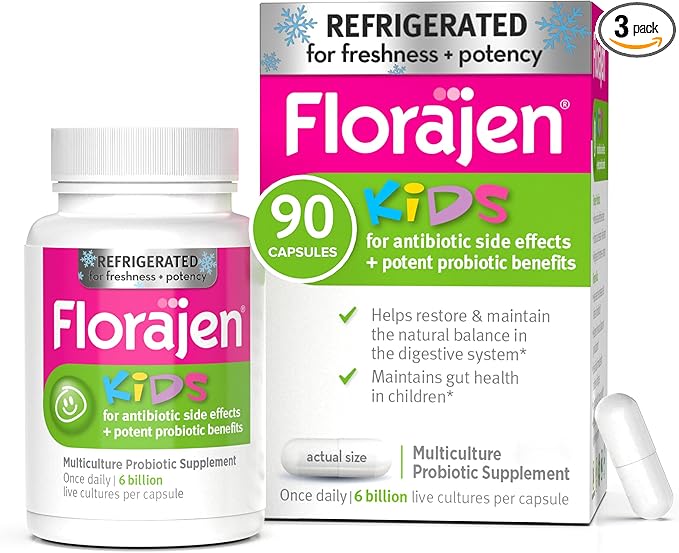 Florajen Kids Probiotic 6 Billion CFUs Refrigerated Probiotics for Kids Multi Culture Probiotic Supplement Relieves Occasional Gas Bloating &amp Constipation Supports Gut Health 30 Ct (3 Pack)