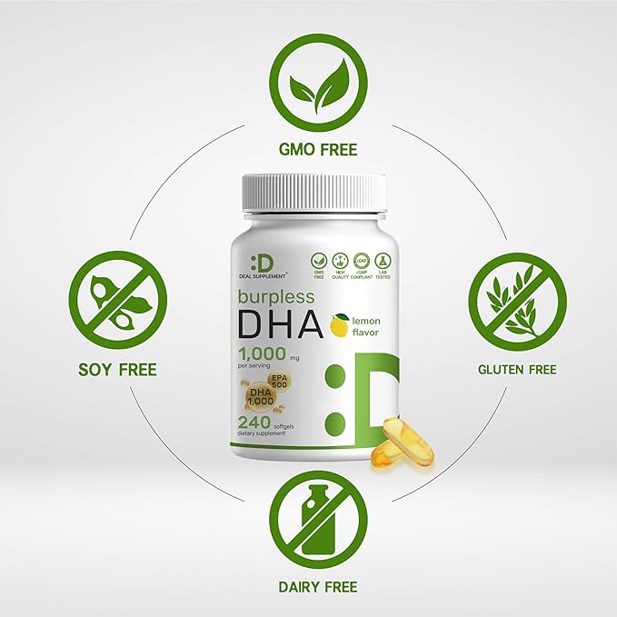 DHA Supplements | 240 Softgels Burpless Lemon Flavor DHA 1000mg + EPA 500mg Wild Caught Fish Rich in Omega-3s Mercury Free Non-GMO Support Brain Heart &amp Joint Health