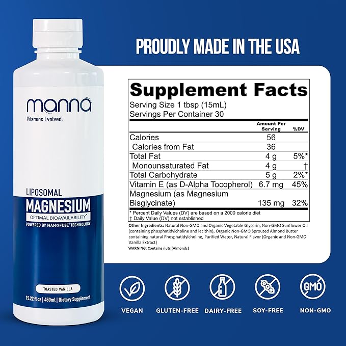 Manna Vitamins Evolved - Liposomal Magnesium High Absorption Magnesium Glycinate Liquid for Women &amp Men Mineral Supplement