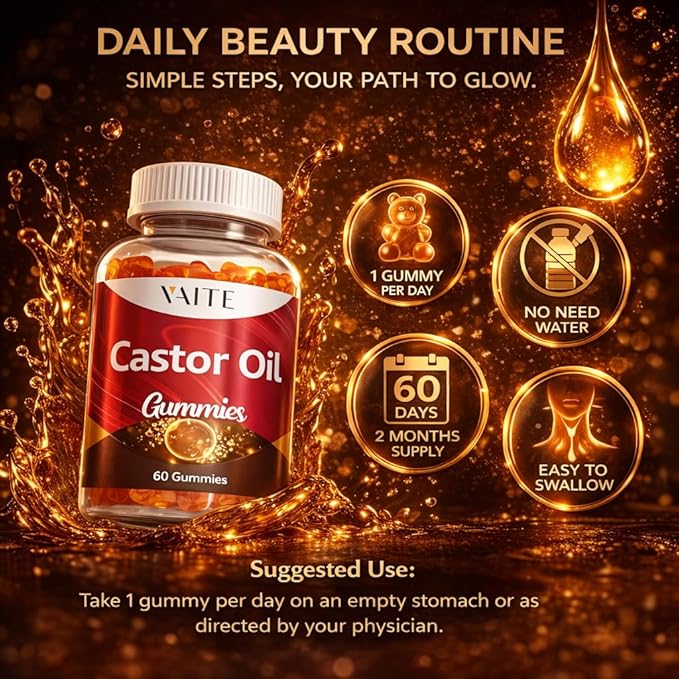 Castor Oil Gummies 1000mg - Natural Digestive Supports Skin Nails &amp Thicker Hair Growth Ricinus Communis Seed Extract Plant-Based Vegan Non-GMO Gluten-Free No Artificial Flavors 60 Chewab