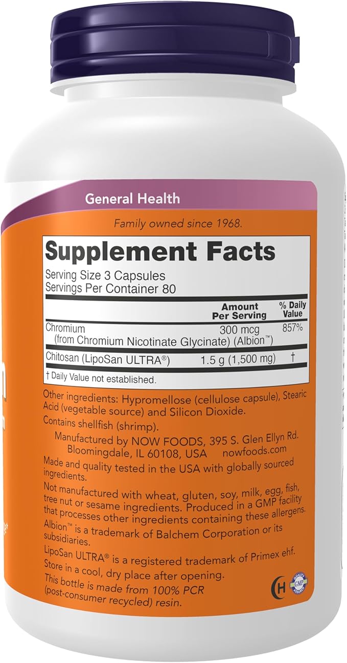 NOW Supplements Chitosan 500 mg plus Chromium Weight Management* 240 Veg Capsules