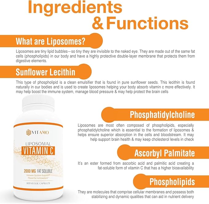 Liposomal Vitamin C 2000mg | Superior Delivery System | 300 Capsules Immune Support &amp Collagen Booster | High Absorption Ascorbic Acid High Dose Vitamin c Zero Soy 100% Non–GMO