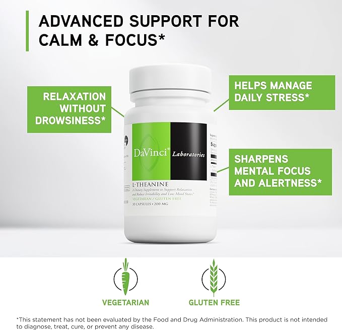 DAVINCI Labs L-Theanine - Dietary Supplement to Help with Concentration Focus Relaxation and Irritability* - with 200 mg L-Theanine per Serving - 30 Vegetarian Capsules