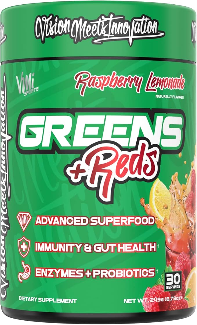 VMI Sports Greens + Reds Advanced Superfood Immunity and Gut Health | Enzymes &amp Probiotics | 30 Servings (Raspberry Lemonade)