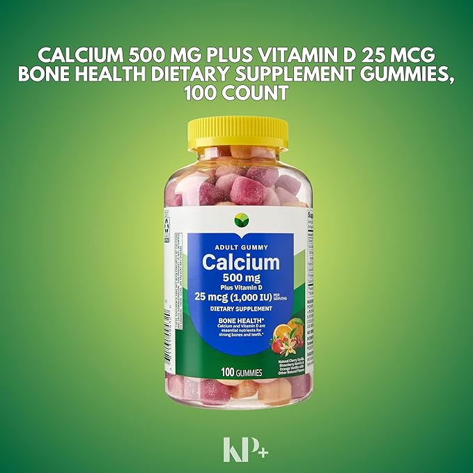KP+ Calcium Gummies 500 mg with Vitamin D 25 mcg (1000 IU) | 100 Gummies | Natural Fruit Flavors | Pack of 1