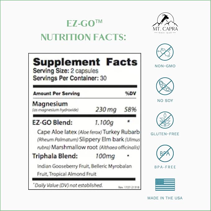 Mt. Capra EZ-Go Herbal Stool Softener | Non-Habit Forming Gentle Elimination Support | Includes Cape Aloe Gel Slippery Elm Bark Marshmallow Root Triphala Magnesium and Rhubarb Root | 30 Servings