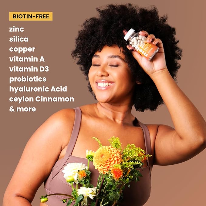 Mela Daily Glow for Healthy Melanin-Rich Skin &amp Textured Hair – with Silica Millet Pumpkin Seed Probiotics Hyaluronic Acid &amp Vitamin D3 – Vegan Biotin-Free Gluten &amp Soy-Free – 60 Cou