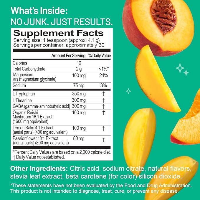 Third Nature Calming Drink Powder Jar with Magnesium Glycinate GABA L-Theanine &amp Reishi Mushroom - Adaptogenic Sugar Free Blend - Third Party Tested Non-GMO - Peach Mango Flavor - 30 Servings