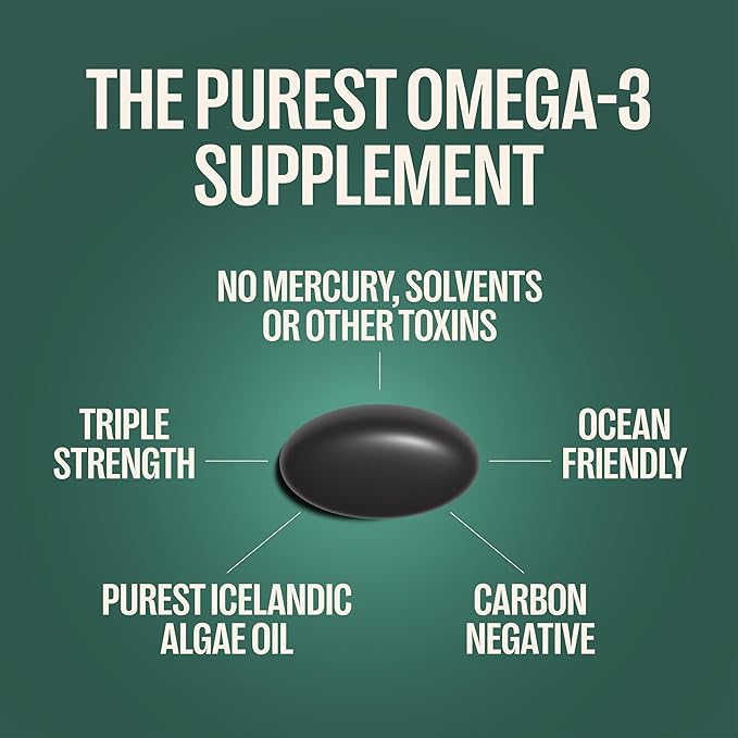 Orlo Vegan Omega 3 Algae Oil 1000mg - Natural Icelandic Nordic Omega-3 EPA &amp DHA Supplement - Fish Oil &amp Krill Alternative for Heart &amp Brain – 60 Easy-to-Swallow Burpless Mini Softgels &am