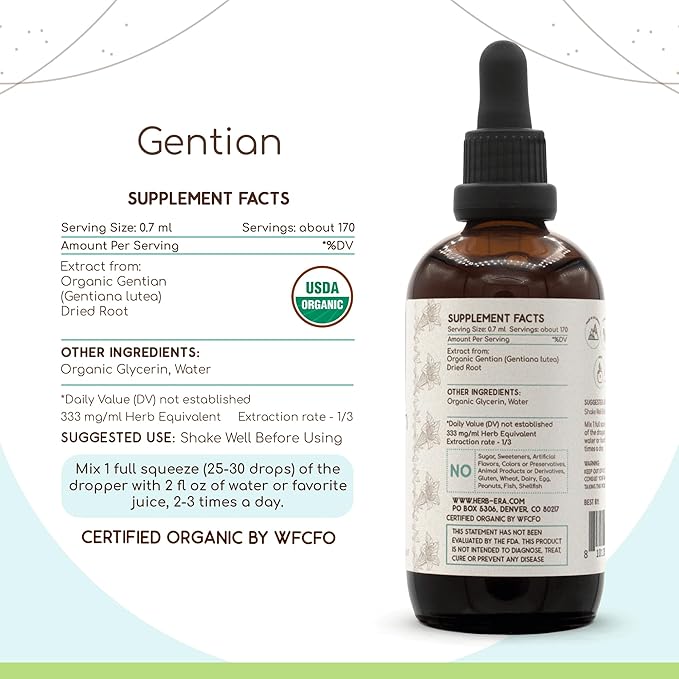 Gentian B120 Alcohol-Free Herbal Extract Tincture Concentrated Liquid Drops Natural USDA Organic Gentian (Gentiana Lutea) Dried Root (4 fl oz)