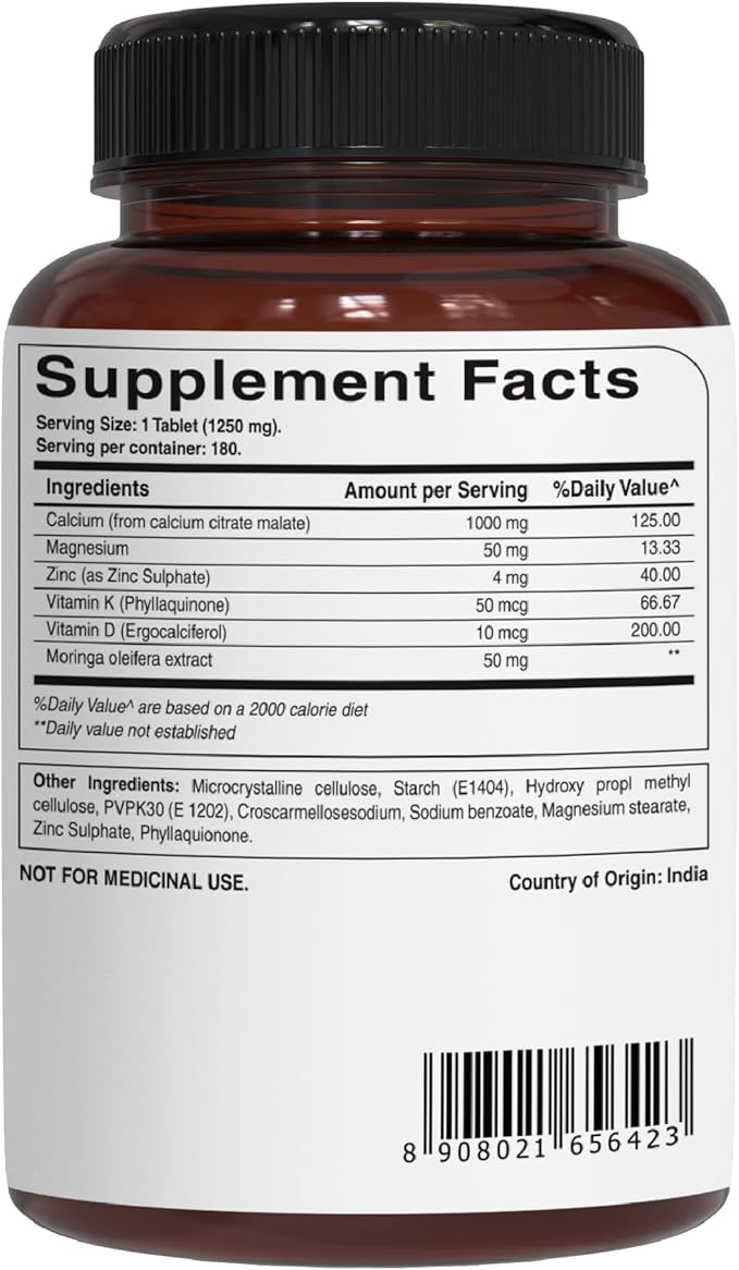 Pure Nutrition Ultra Calcium Citrate 1000mg Highly absorbable Calcium Supplement with Calcium Citrate Malate Vitamin D Zinc and Magnesium - 1 Tablet Daily (180 Veg Tabs) Non-GMO | Gluten-Free
