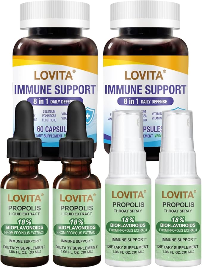 LOVITA Triple Action Bundle - 2 Propolis Drops 2 Sprays &amp 2 Immune 8-in-1 Daily Defense Total Throat &amp Body Support (6 Pc Value Pack)