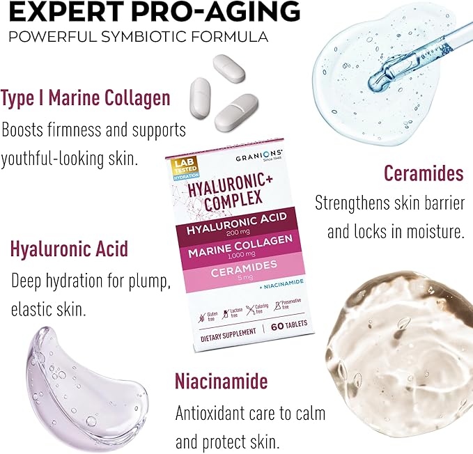 Hyaluronic Acid Supplements 200mg - Marine Collagen Peptides Vitamin B3 Niacinamide Ceramides Supplement - Deep Hydration &amp Anti-Aging Skin Care Complex for Women and Men - 60 Foil Sealed Tablet