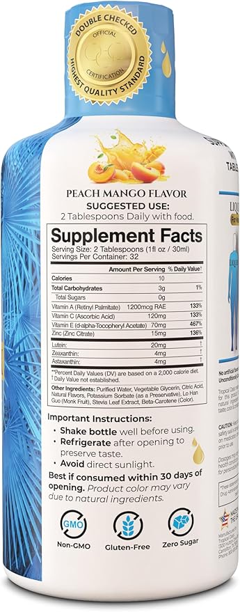 Liquid 20/20 Vision - Eye Vitamin Formula w/20mg Lutein 4mg Zeaxanthin 4mg Astaxanthin for Vision Support –Max Absorption- Great Taste &amp No Pills to Swallow– 32 Serv 32oz