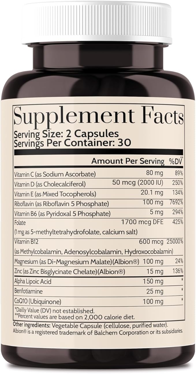 Migra-Well AM: Energizing Daily Methylated Multivitamin with Bioavailable Minerals &amp Antioxidants Supporting Brain &amp Nerve Health for Women and Men - Without Iron (60 Capsules)