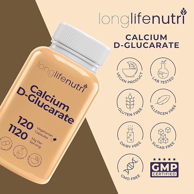 Calcium D-Glucarate - 120 Vegetarian Capsules 2-Month Supply 1120mg per Serving for Detox Support &amp Internal Balance Non-GMO Gluten Free Made in USA GMP Certified