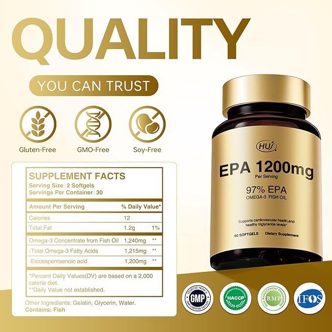 HUJ 97% EPA Omega-3 Fish Oil - 1200mg EPA Fish Oil Wild-Caught Sustainably Sourced - Suppprts Cardiovascular Health &amp Healthy Triglyceride lewels* - 60 Softgels