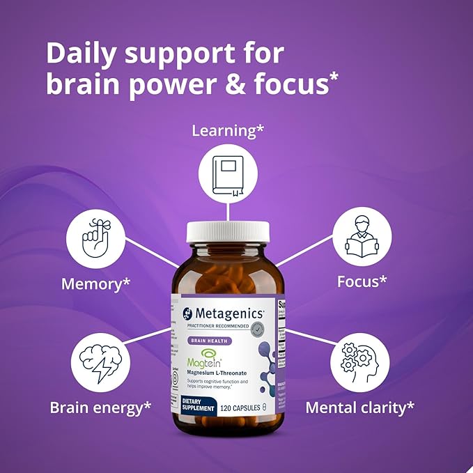 Metagenics Magnesium L-Threonate - Magtein Magnesium for Brain Health Memory Learning &amp Cognitive Support - Clinically Studied Bioavailable Form - Non-GMO Gluten-Free Vegan - 120 Capsules