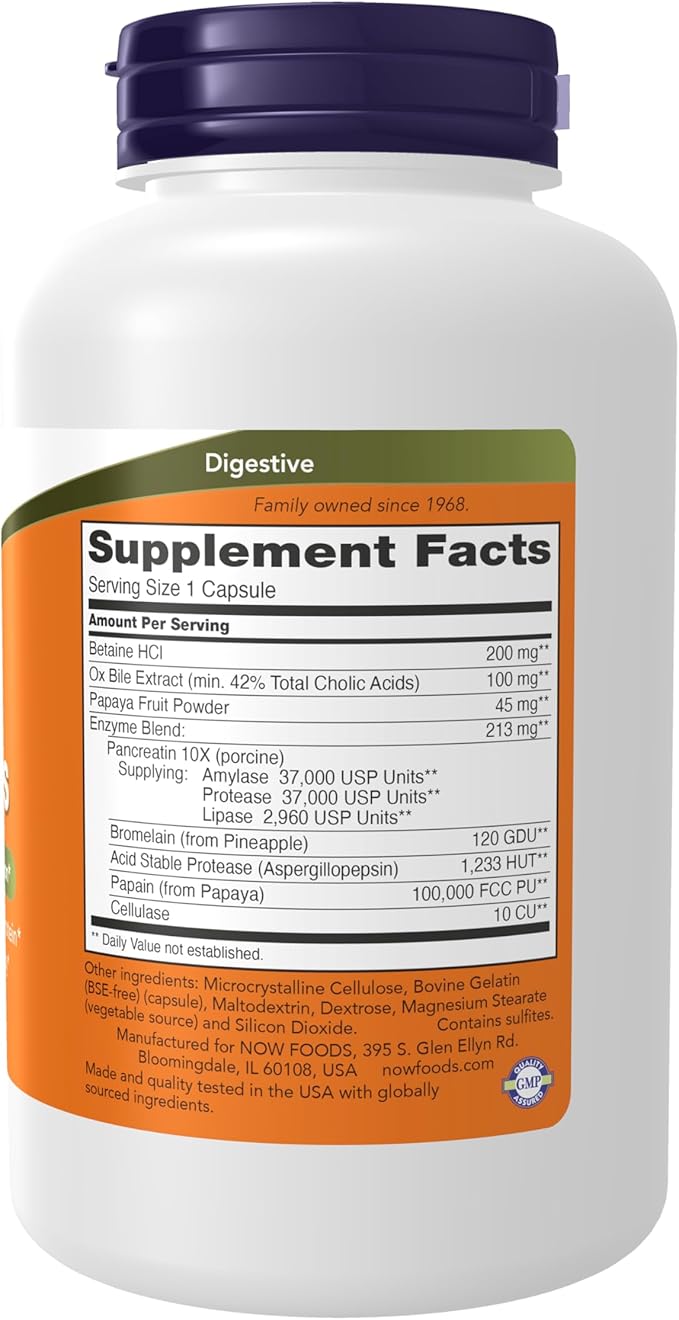 NOW Foods Supplements Super Enzymes Formulated with Bromelain Ox Bile Pancreatin and Papain180 Capsules
