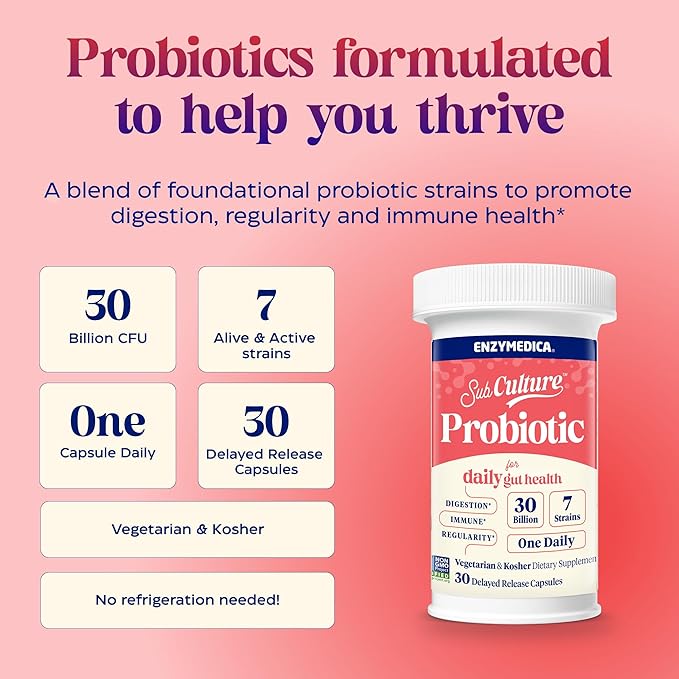 Enzymedica Digest Complete &amp SubCulture Probiotic for Daily Gut Health - Digestive Enzyme Supplement for Women &amp Men Helps Gas &amp Bloating Probiotic Capsules 30 Billion CFU - Pack of 2