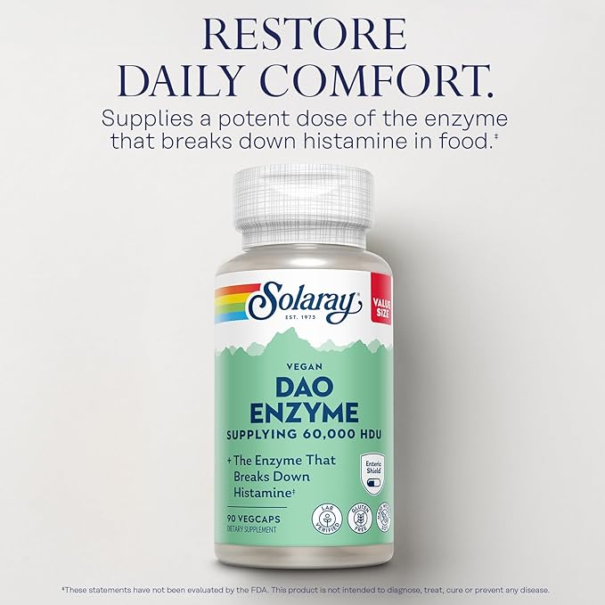 SOLARAY DAO Enzyme - Breaks Down Histamine - 60000 HDU - Vegan Gluten Free Lab Verified - 90 Servings 90 VegCaps