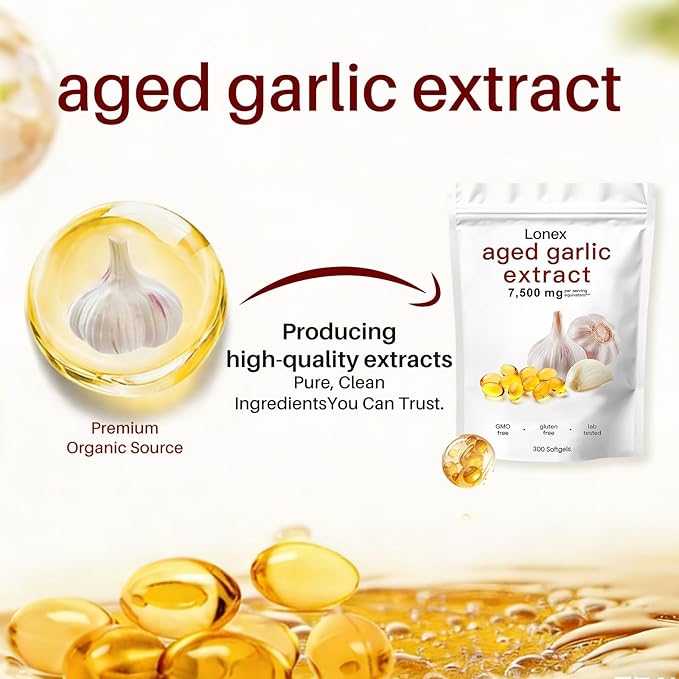 Lonex Aged Garlic Extract7500mg Odorless Organic Garlic Capsules for Heart &amp Immune Antioxidant SupplementsVegetarian All-Natural Non-GMOGluten-Free300 Softgels