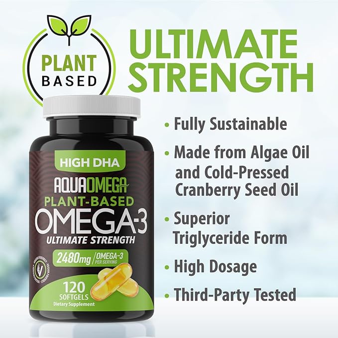 Ultimate Strength Plant Based Omega 3 Supplements Organic EPA and DHA Omega 3 Fatty Acid Supplements from Algae Oil No Fishy Aftertaste 120 Softgels