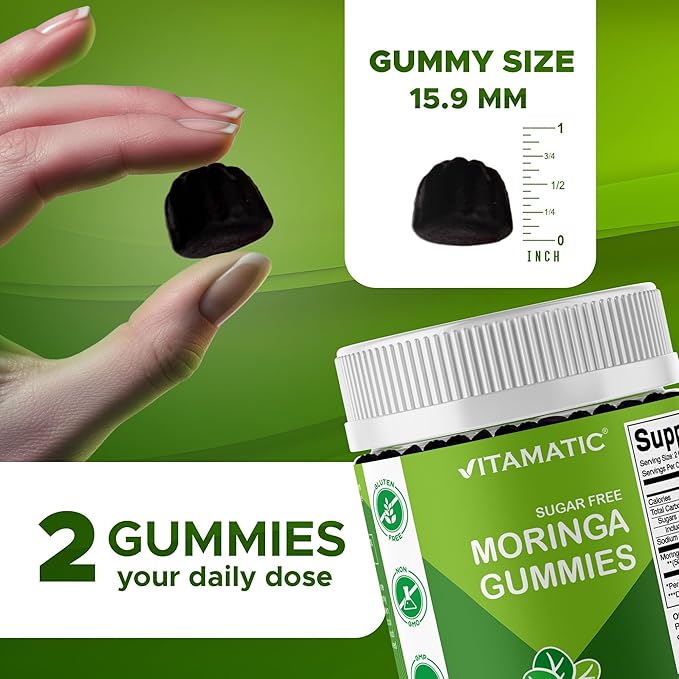 Vitamatic Moringa Gummies – Sugar-Free 50:1 Plant-Based Extract – Green Superfood – Pectin-Based Vegan Non-GMO – 240 Gummies