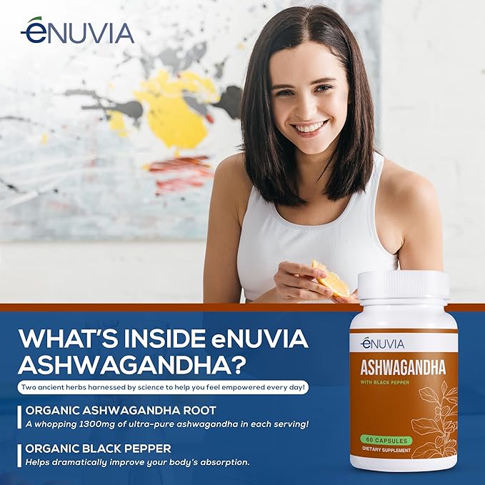 Ashwagandha Supplement - Natural Relief and Stamina Support to Help Ease Tension 60 Capsules Pure Root with Black Pepper Extract for Enhanced Absorption Vegan Made in the USA