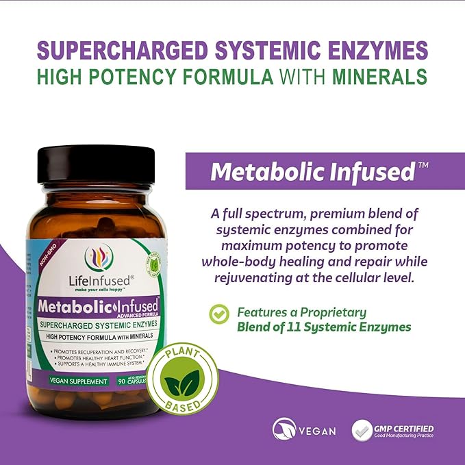 Life Infused Metabolic Enzymes – Systemic Enzyme Supplement with Serrapeptase Nattokinase Bromelain &amp Protease Blend – 72 Trace Minerals – Immune &amp Circulation Support – Vegan Non-GMO – 90