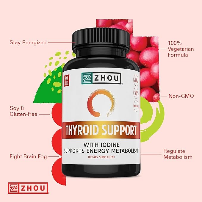 Zhou D3 + K2 &amp Thyroid Support - Vitamin D3 K2 Supplement for Women &amp Men with 5000 IU of Vit D &amp MK-7 Thyroid Supplement with Zinc Iodine &amp Selenium Metabolic Health - 60 Capsules