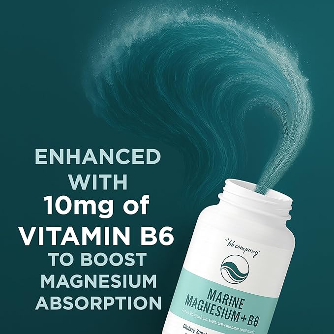 Ocean Magnesium 200mg Aquamin | More Soluble Than Magnesium Glycinate | Whole Food Mag B6 Supplement for Women | Gentle on Stomach &amp Vegan | Sleep Support Calms Nerves &amp Leg Cramps | 60 Ct