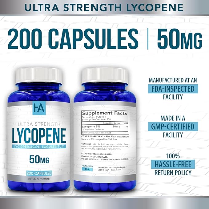 Naturally Derived Lycopene Supplement | Tomato Based Lycopene 50mg Antioxidant and Carotenoid Supplement for Heart and Prostate Support | Vegan Non-GMO &amp Made in US cGMP Labs (200 Veggie Capsules)