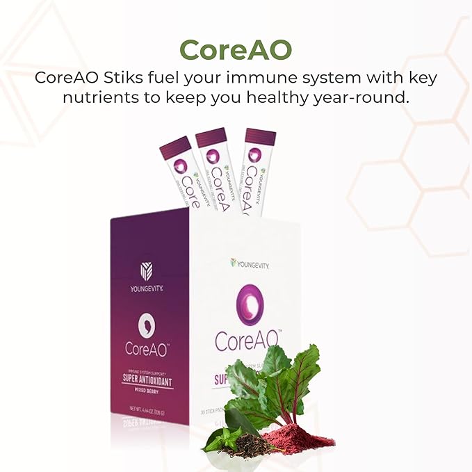 Youngevity Official CoreAO Stiks – Antioxidant Superfood Supplement - Vitamin C D3 and Zinc - Immune Support Berry Flavor On-the-Go Stick Packs Non-GMO Gluten-Free and Low-Calorie – 30 Servings