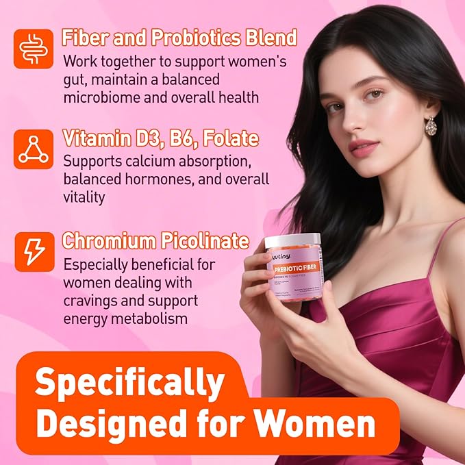 Fiber Gummies for Women 7g High Prebiotic Fiber Supplement with Inulin Psyllium Husk Probiotics Folate Chromium Digestive Health &amp Regularity Vegan Sugar Free 120 Chews
