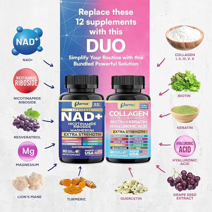 Forever Young Set with Liposomal NAD Nicotinamide Riboside Magnesium Resveratrol Lion's Mane Collagen Peptides Types I II III V and X Biotin &amp Keratin Hyaluronic Acid Zinc Quercetin