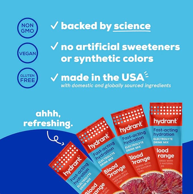 Hydrant - Hydration Powder Blood Orange Flavor 30 Individual Instant Electrolyte Rehydration Packets - Low Sugar Drink Mix for Daily Use Travel &amp Workouts