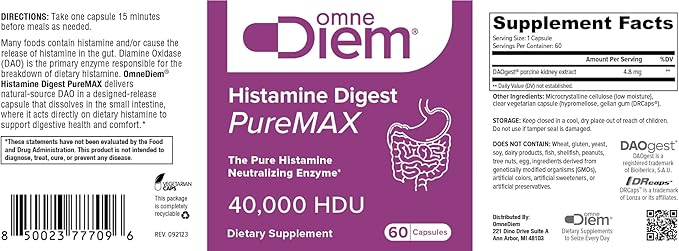 Omne Diem Histamine Digest PureMAX with DAO - Diamine Oxidase Supplement for Food Related Histamine Intolerance (60)