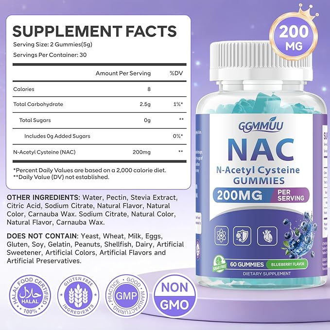 2 Pack NAC Gummies for Kids &amp Adults NAC Supplement N Acetyl Cysteine 200mg for Antioxidants &amp Immune Support Non-GMO Gluten-Free Vegan Sugar Free Blueberry Flavor 120 Count