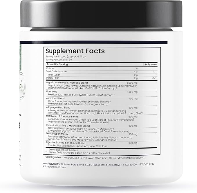 Nature's Pure Blend Super Greens Powder – Organic Greens Superfood Powder Supplements for Green Juice &amp Smoothie – Probiotic - Drink Mix for Energy Wellness and Digestion (Matcha Flavor 30 Servin