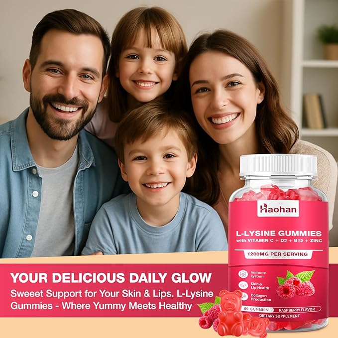 Haohan L-Lysine 1200mg Gummies for Immune Support &amp Skin Health - High Potency Vegan Gummies Sugar-Free Raspberry Flavor for Adults &amp Kids - 120 Count