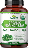 Zazzee USDA Organic Moringa Leaf 20:1 Extract 1000 mg Per Serving 240 Vegan Capsules 4 Month Supply Certified Kosher Moringa Oleifera Antioxidant Immune &amp Cellular Support Made in the USA