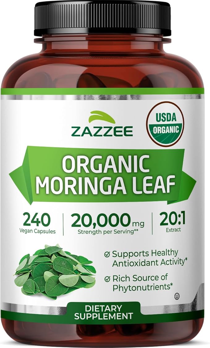 Zazzee USDA Organic Moringa Leaf 20:1 Extract 1000 mg Per Serving 240 Vegan Capsules 4 Month Supply Certified Kosher Moringa Oleifera Antioxidant Immune &amp Cellular Support Made in the USA