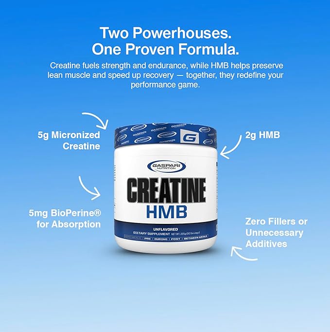 Gaspari Nutrition Creatine HMB Micronized Creatine Monohydrate and HMB Delivers Strength Muscle Protection and Training Performance (30 Servings Unflavored)